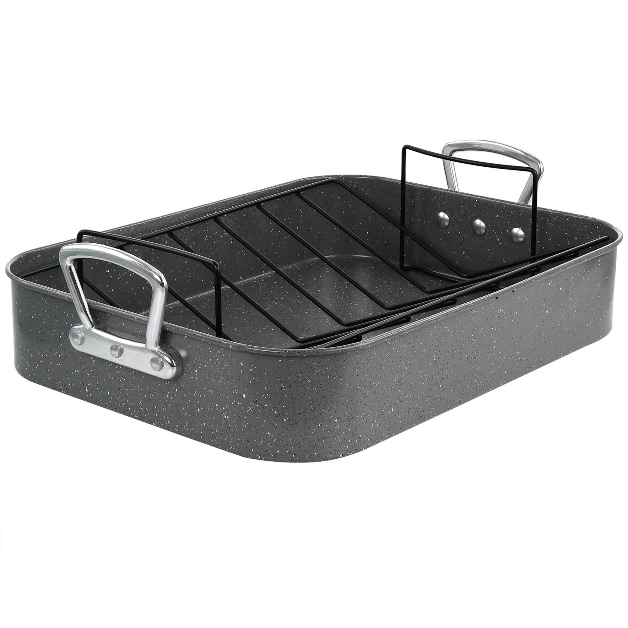 Gibson® Greystone 16.25'' Speckled Gray Carbon Steel Turkey Roaster Set